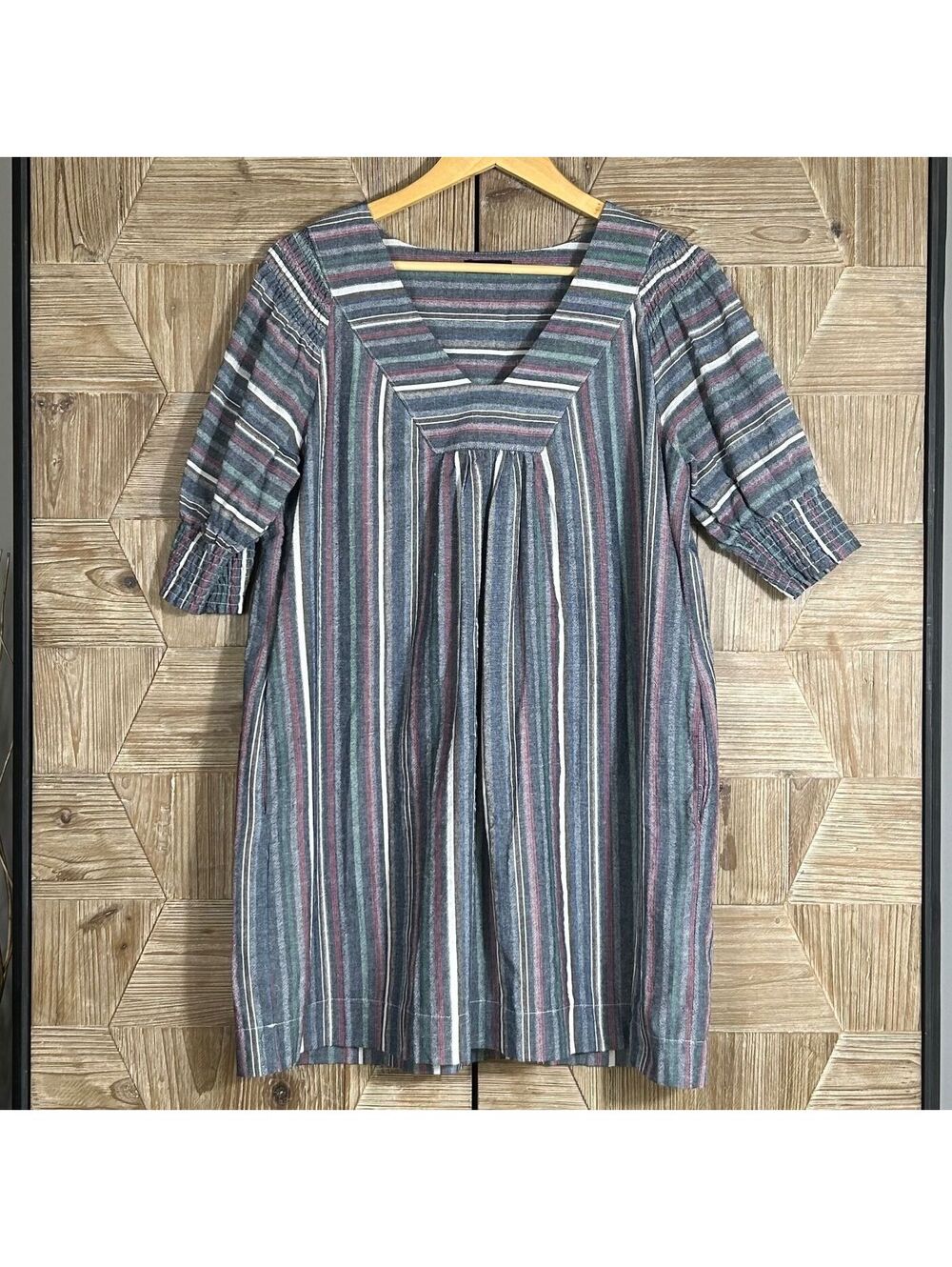 Very J Blue Striped Boho Mini Cotton Dress Medium V-Neck Pockets 3/4 Sleeve